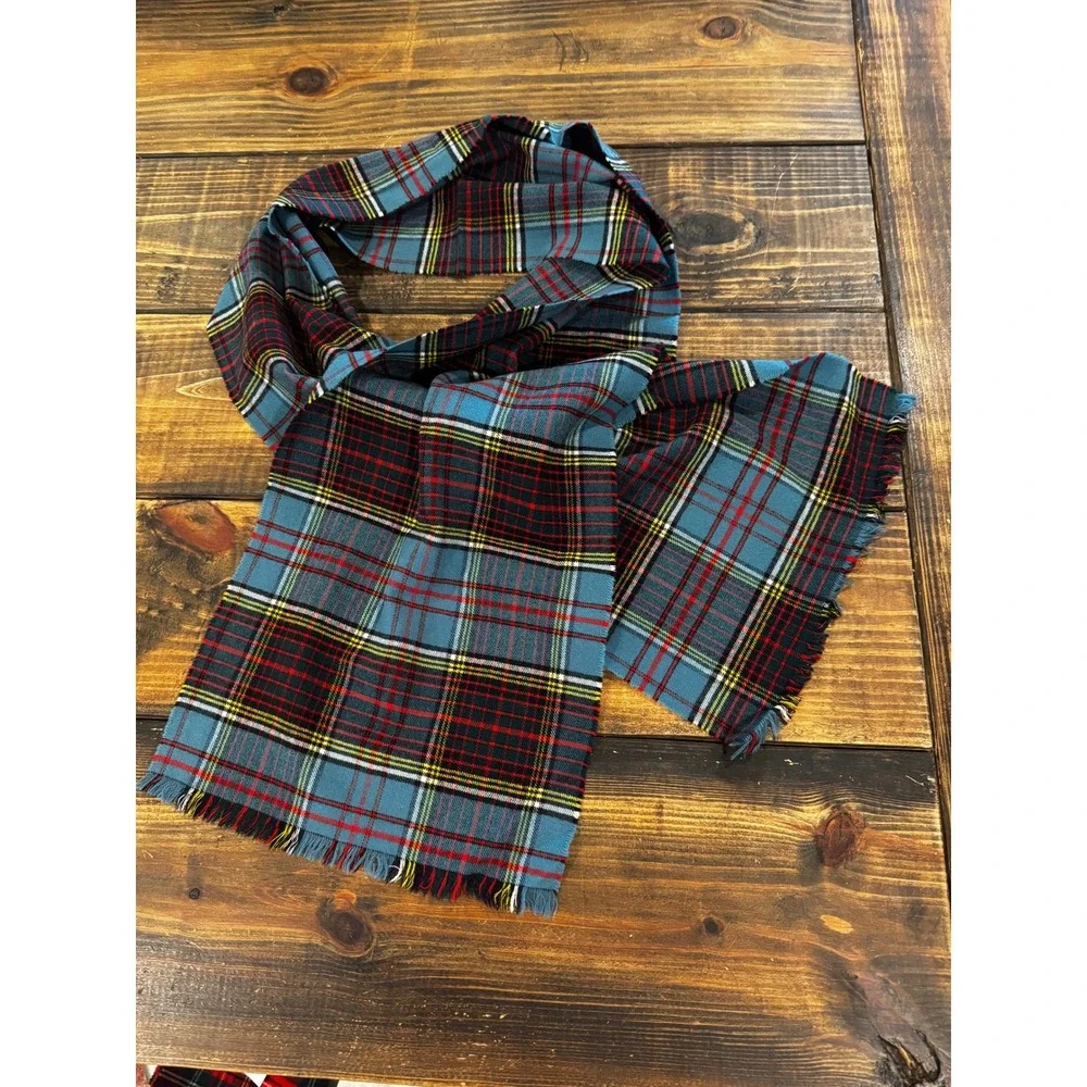 Vintage Blue Tartan Plaid Wool Scarf Fringe 12.5x70 Classic Winter Unisex Wrap